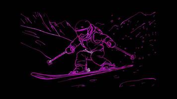 Neon frame effect, Ski A long board used for skiing on black background video