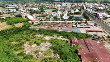 An aerial view of a town and a river photo