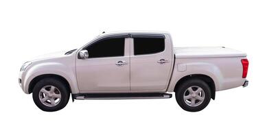 Side view of white or silver pickup truck isolated on white background with clipping path photo
