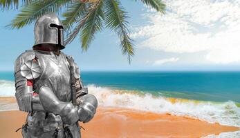 Knight in helmet and metal armor. photo
