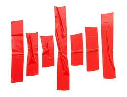 Top view set of wrinkled or crumpled red cloth tape or adhesive vinyl tape in stripes shape isolated on white background with clipping path. photo