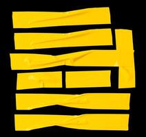 Top view set of wrinkled or crumpled yellow adhesive vinyl tape or cloth tape in stripes shape isolated on black background with clipping path photo