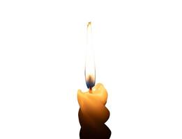 A single burning candle flame or light glowing on a small spiral white candle isolated on white background with clipping path photo