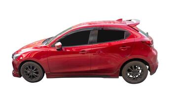 Side view of sports red hatchback car isolated on white background with clipping path photo