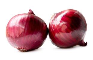 Side view of red or purple onion bulbs in stack isolated on white background with clipping path photo