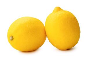 Side view of two fresh ripe yellow lemon fruit in stack isolated on white background with clipping path photo
