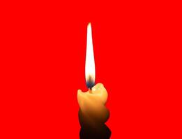 A single burning candle flame or light glowing on a small spiral white candle isolated on red background with clipping path photo