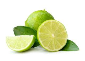 Front view of fresh green lemon fruit and half with slice or quarter and green leaves isolated on white background with clipping path photo
