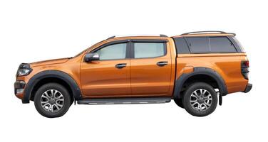 Side view of dark orange pickup truck isolated on white background with clipping path photo