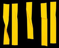 Top view set of wrinkled or crumpled yellow adhesive vinyl tape or cloth tape in stripes shape isolated on black background with clipping path photo