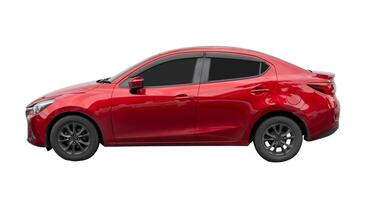 Side view of red sports sedan car isolated on white background with clipping path photo