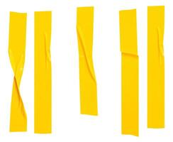 parte superior ver conjunto de arrugado o estropeado amarillo adhesivo vinilo cinta o paño cinta en rayas forma aislado en blanco antecedentes con recorte camino foto