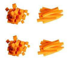 Top view set of orange carrot slices or pieces in stick and cube shapes in stack isolated on white background with clipping path photo