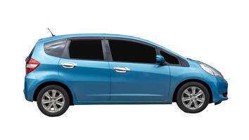 Side view of blue hatchback car isolated on white background with clipping path photo