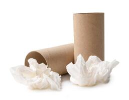 Side view of screwed or crumpled white tissue paper ball with cores in stack isolated on white background with clipping path photo