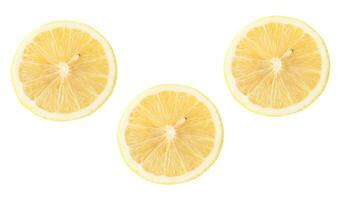 Top view set of fresh ripe yellow lemon fruits in halves isolated on white background with clipping path photo