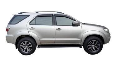 Side view of elegant silver SUV sports car isolated on white background with clipping path photo