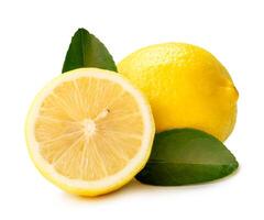 Front view of yellow lemon fruit with half and green leaves in stack isolated on white background with clipping path photo