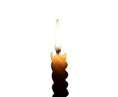 A single burning candle flame or light glowing on a small spiral white candle isolated on white background with clipping path photo