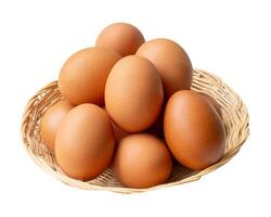 Top view of group of fresh brown chicken eggs in stack in wicker basket isolated on white background with clipping path photo