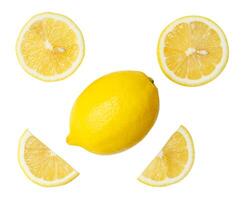 Top view set of fresh ripe yellow lemon fruits with halves and slices or quarters isolated on white background with clipping path photo