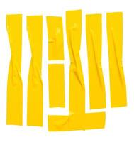 Top view set of wrinkled or crumpled yellow adhesive vinyl tape or cloth tape in stripes shape isolated on white background with clipping path photo
