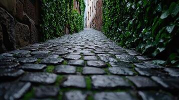Cobblestone path through lush greenery photo
