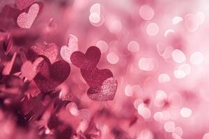 Sparkling hearts in pink bokeh background photo