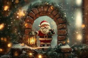 Classic Brick Arch with Santa, Gold Calligraphy, Fir Boughs, and Holiday Lantern photo