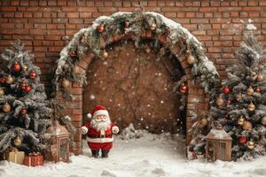 Chubby Santa Claus, Fir Branches, and Christmas Lantern on Old Brick Arch with Golden Script photo