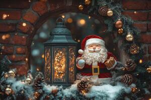 Old Brick Arch Adorned with Santa, Gold Calligraphy, Pine Branches, and Holiday Lantern photo