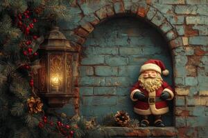 Timeless Brick Arch Adorned with Santa, Golden Calligraphy, Fir Branch, and Holiday Lantern photo