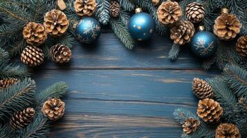 Christmas Decoration on worn royal blue Wooden Background with Bright Monocolor Creative Design photo