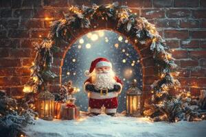 Antique Brick Arch Featuring Santa Claus, Pine Branch, Gold Calligraphy, and Christmas Lantern photo