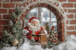 Golden Calligraphy on Old Brick Arch Featuring Santa, Fir Sprigs, and Christmas Lantern photo