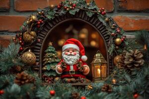 Brick Arch with Golden Lettering, Santa Claus, Pine Bough, and Festive Lantern photo