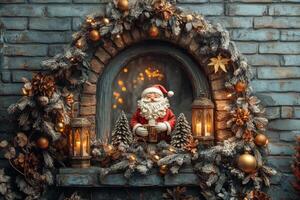 Old Stone Archway Adorned with Gold Calligraphy, Jolly Santa, Fir Sprig, and Festive Lantern photo