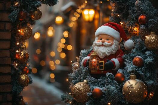 Brick Arch Featuring Elegant Golden Script, Santa Claus, Fir Branch, and Christmas Lantern photo