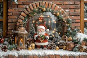 Old Brick Arch Featuring Jolly Santa, Gold Script, Fir Branches, and Christmas Lantern photo