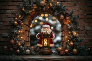 Rustic Archway with Golden Calligraphy, Santa Figure, Pine Branch, and Christmas Lantern photo