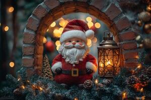 Old Brick Arch Decorated with Gold Script, Jolly Santa, Fir Branches, and Holiday Lantern photo