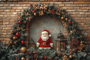 Chubby Santa, Fir Sprigs, and Christmas Lantern on a Rustic Brick Arch with Gold Calligraphy photo