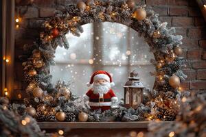 Golden Script on a Brick Arch with Santa Claus, Pine Garland, and Festive Lantern photo