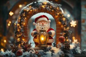 Golden Calligraphy on a Brick Archway with Santa, Fir Sprig, and Glowing Lantern photo