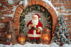 Rustic Brick Arch Featuring Golden Lettering, Santa Claus, Pine Branch, and Christmas Lantern photo