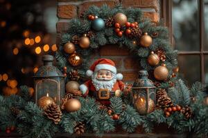 Old Brick Arch with Festive Script, Santa Claus, Pine Branches, and Glowing Lantern photo