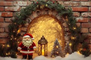 Brick Arch with Gold Lettering, Jolly Santa, Fir Garland, and Christmas Lantern photo