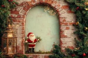 Vintage Brick Archway with Santa Claus, Golden Calligraphy, Fir Branch, and Lantern photo