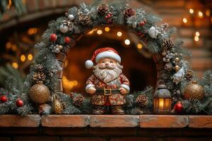Old Brick Arch Featuring Golden Lettering, Chubby Santa, Pine Branches, and Holiday Lantern photo