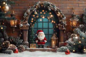 Brick Arch with Gold Calligraphy, Santa, Fir Sprigs, and Illuminated Lantern photo